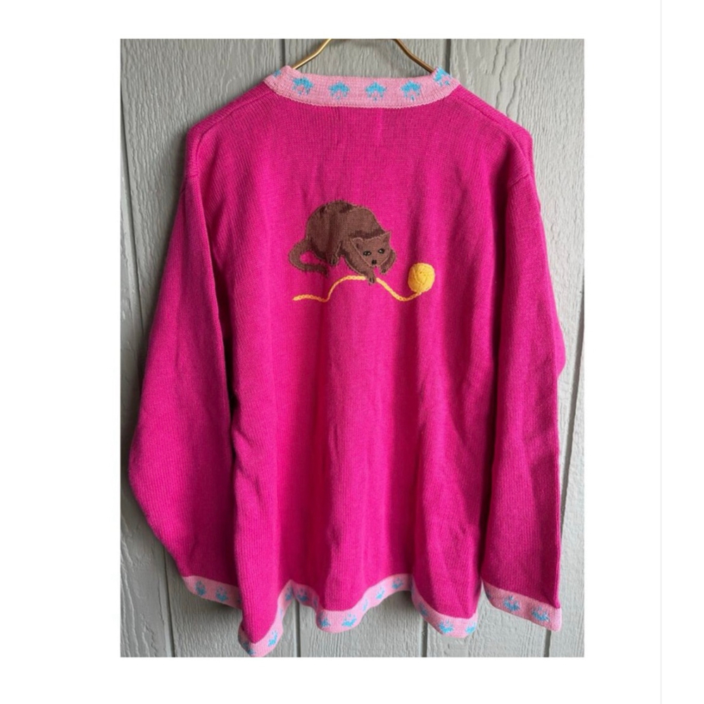 NWT Vintage Stonybrook Knits Cat Cardigan Whimsical Pink Kitten Sweater | Size L - Picture 7 of 7